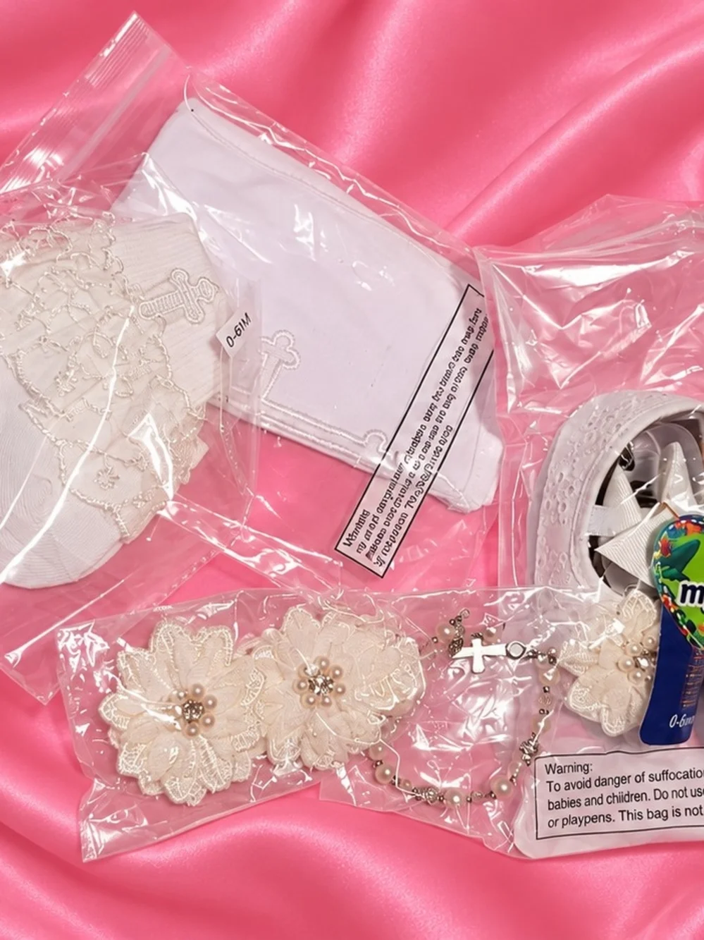 Ivory Floral Lace Baby Headband and Cross Bracelet Set
